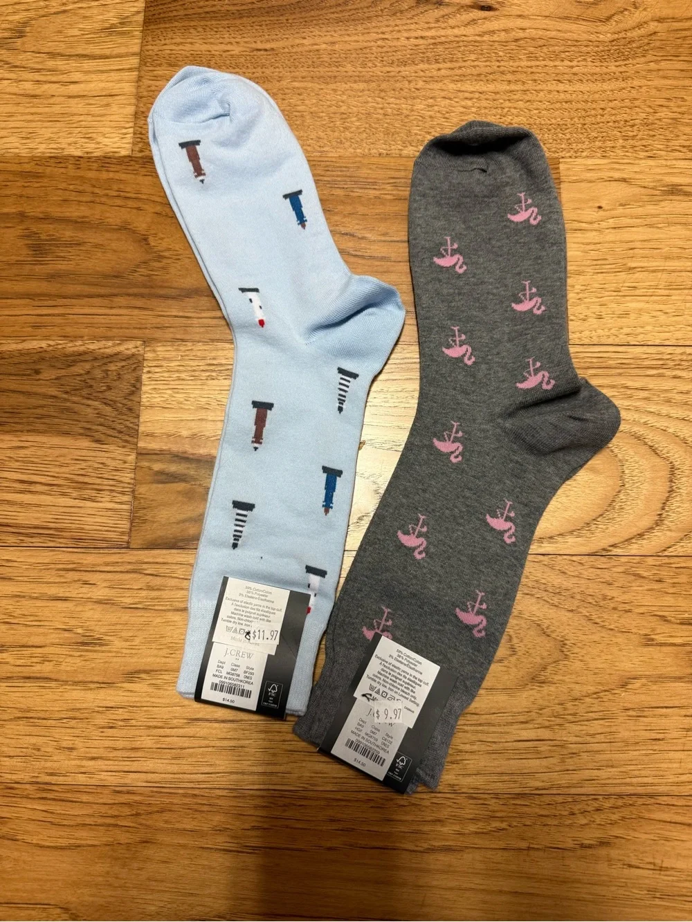 J. Crew Men's Light Blue Lighthouse & Charcoal Flamingo Crew Socks